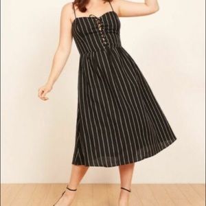 Reformation Serena black linen stripe corset dress size 10